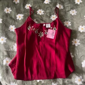 Willow Blossom Red 100% Silk Embroidered Floral V-Neck Cami Tank Top